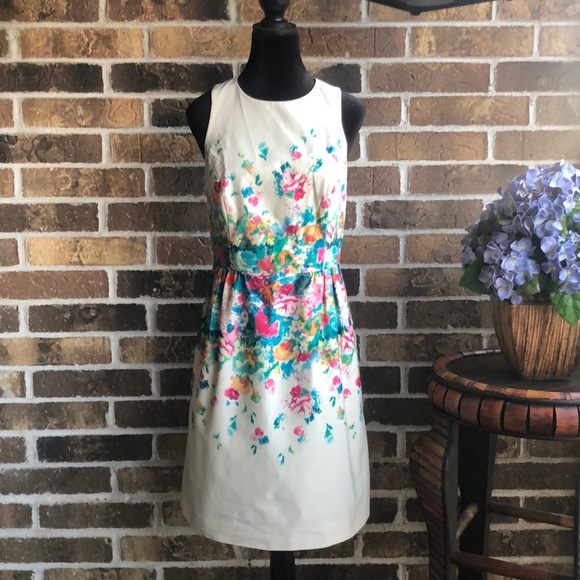 Anthropologie Maeve Tea Garden Sheath Dress Beige and Colorful Floral - Picture 2 of 10